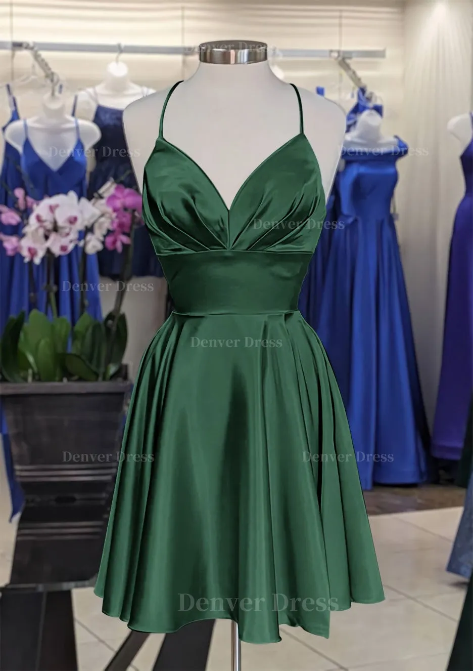 A-line V Neck Sleeveless Short/Mini Charmeuse Homecoming Dress with Pleated