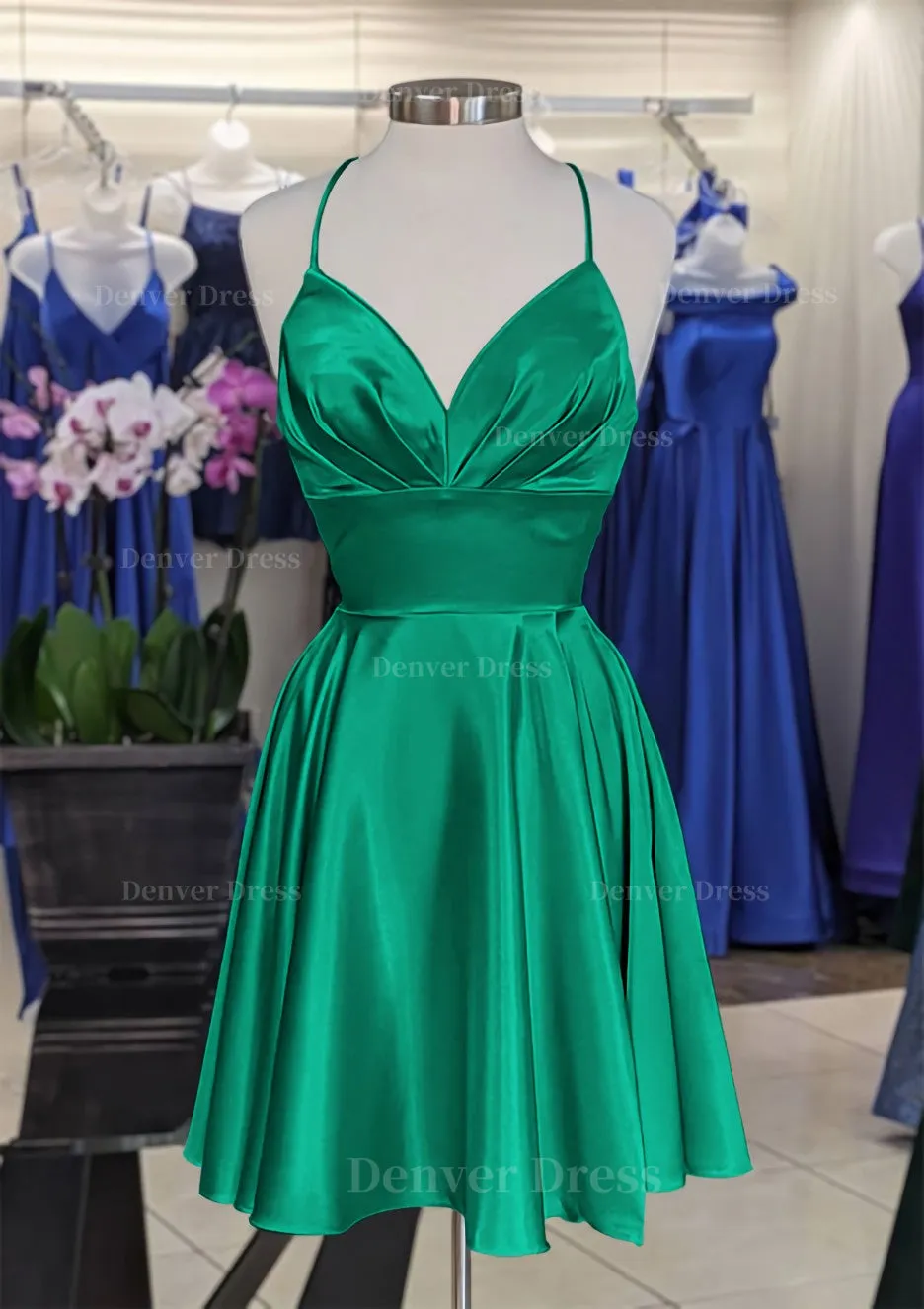 A-line V Neck Sleeveless Short/Mini Charmeuse Homecoming Dress with Pleated