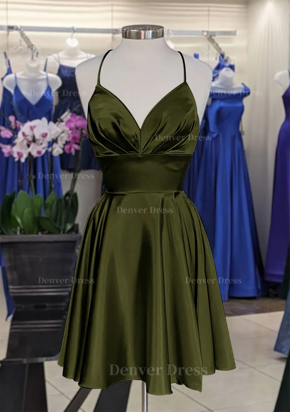 A-line V Neck Sleeveless Short/Mini Charmeuse Homecoming Dress with Pleated