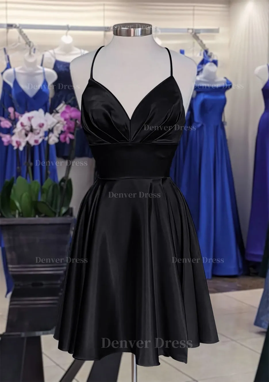 A-line V Neck Sleeveless Short/Mini Charmeuse Homecoming Dress with Pleated