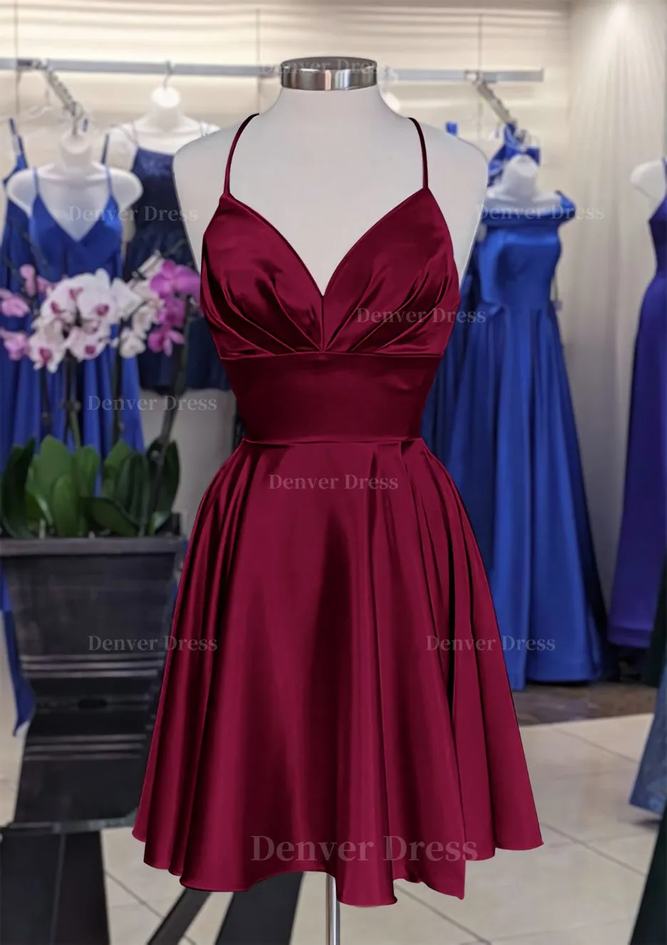 A-line V Neck Sleeveless Short/Mini Charmeuse Homecoming Dress with Pleated