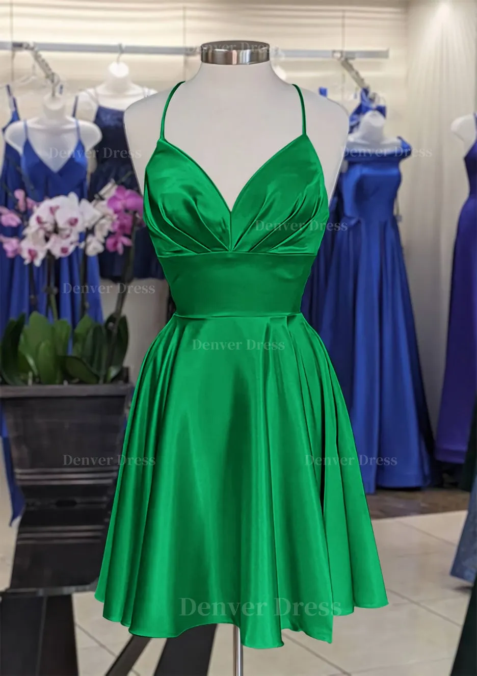 A-line V Neck Sleeveless Short/Mini Charmeuse Homecoming Dress with Pleated