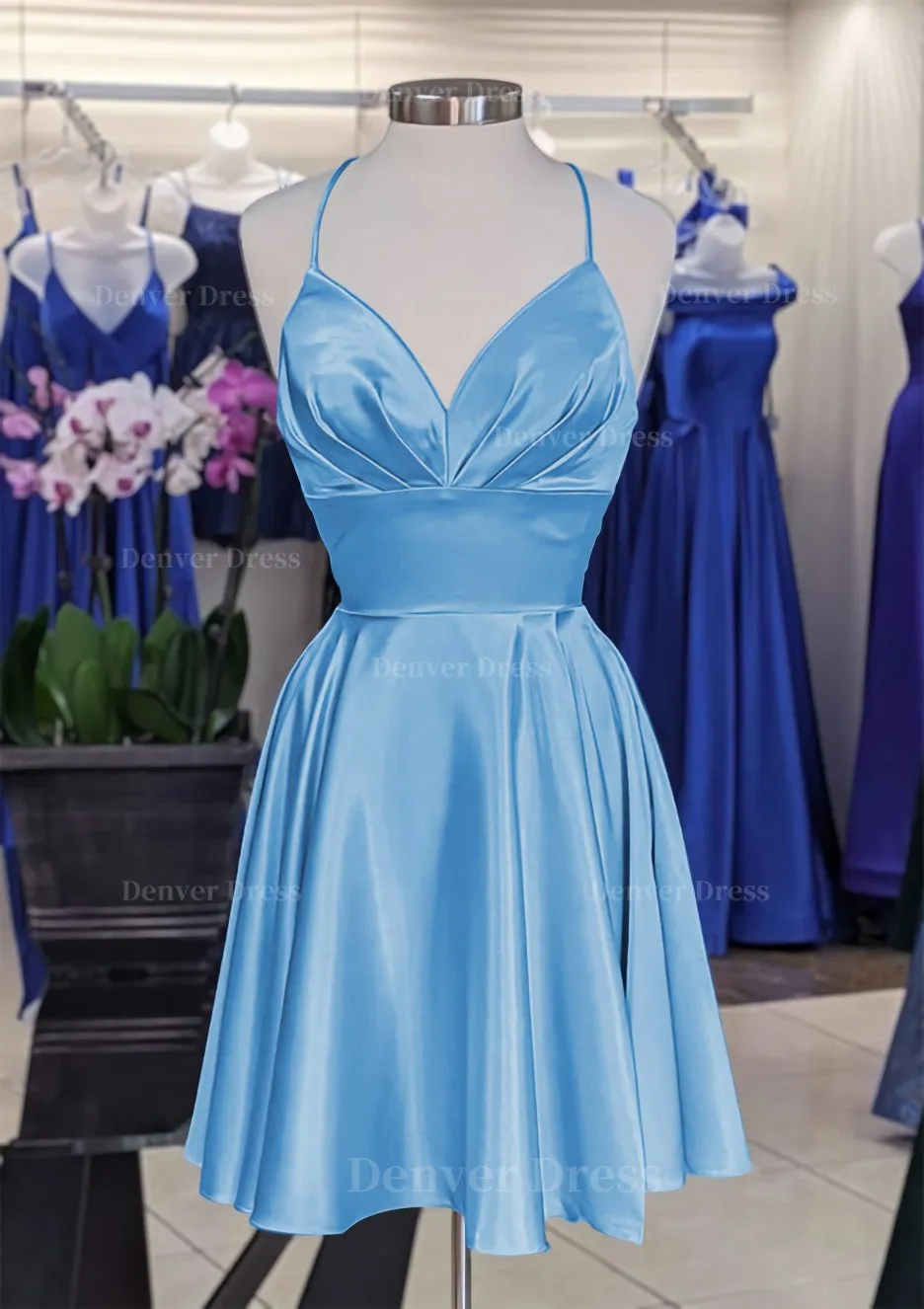 A-line V Neck Sleeveless Short/Mini Charmeuse Homecoming Dress with Pleated