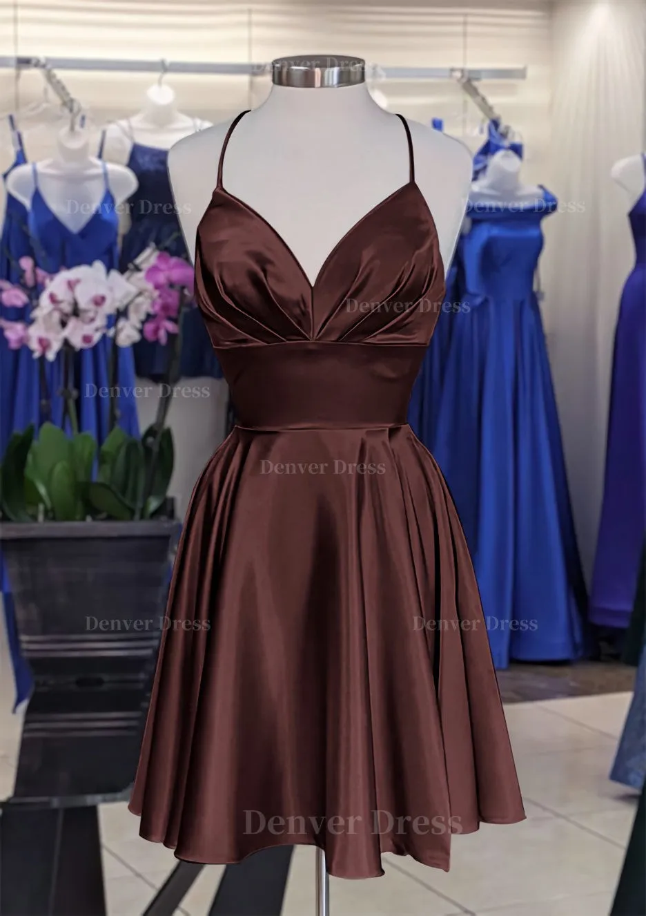A-line V Neck Sleeveless Short/Mini Charmeuse Homecoming Dress with Pleated