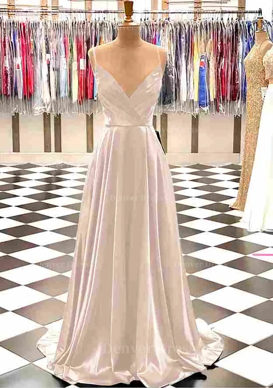 A-line V Neck Spaghetti Straps Sweep Train Charmeuse Prom Dress With Pleated