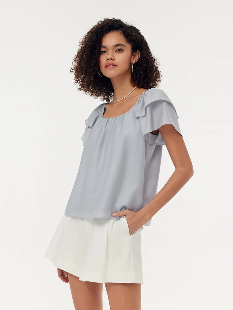 Acetate Ruffle Sleeve Women T-Shirt