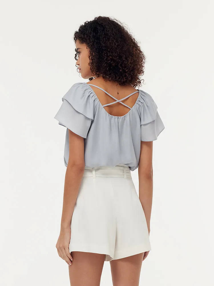 Acetate Ruffle Sleeve Women T-Shirt