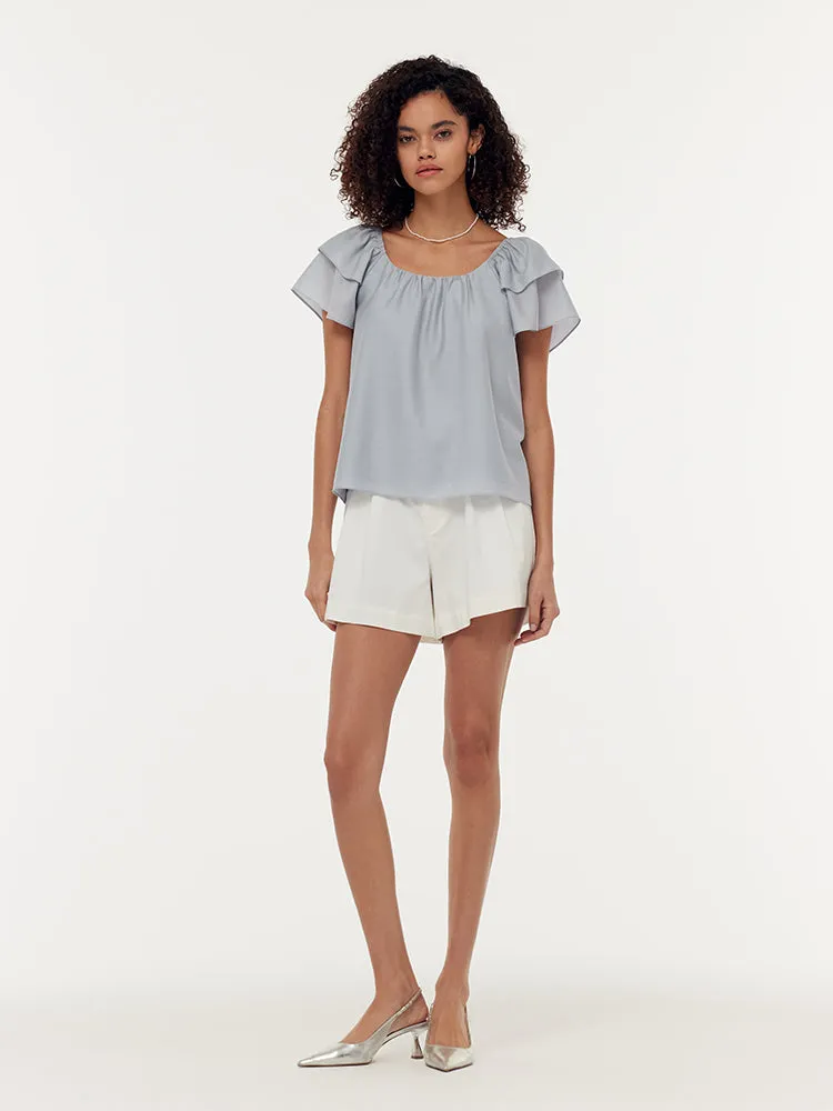 Acetate Ruffle Sleeve Women T-Shirt