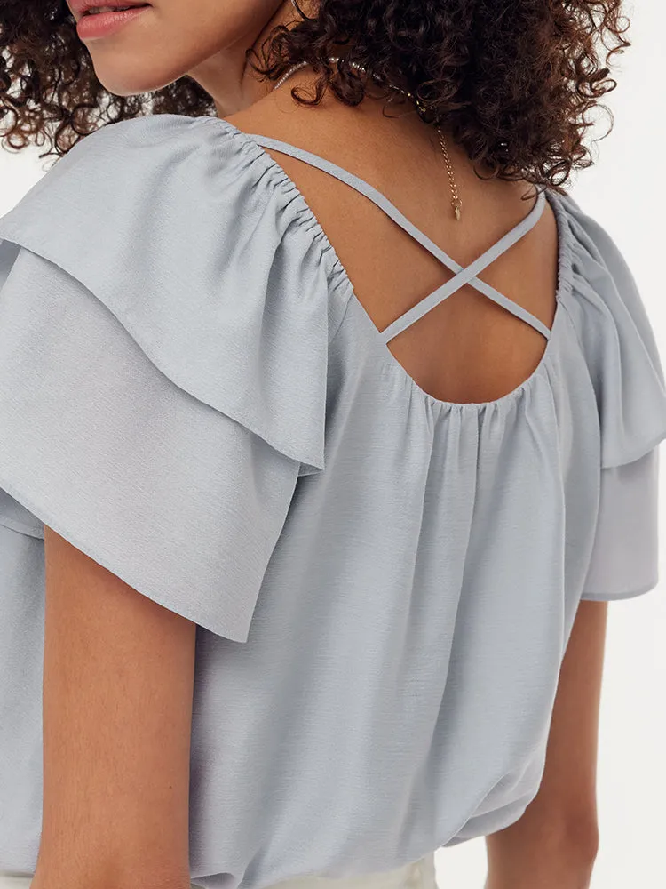 Acetate Ruffle Sleeve Women T-Shirt
