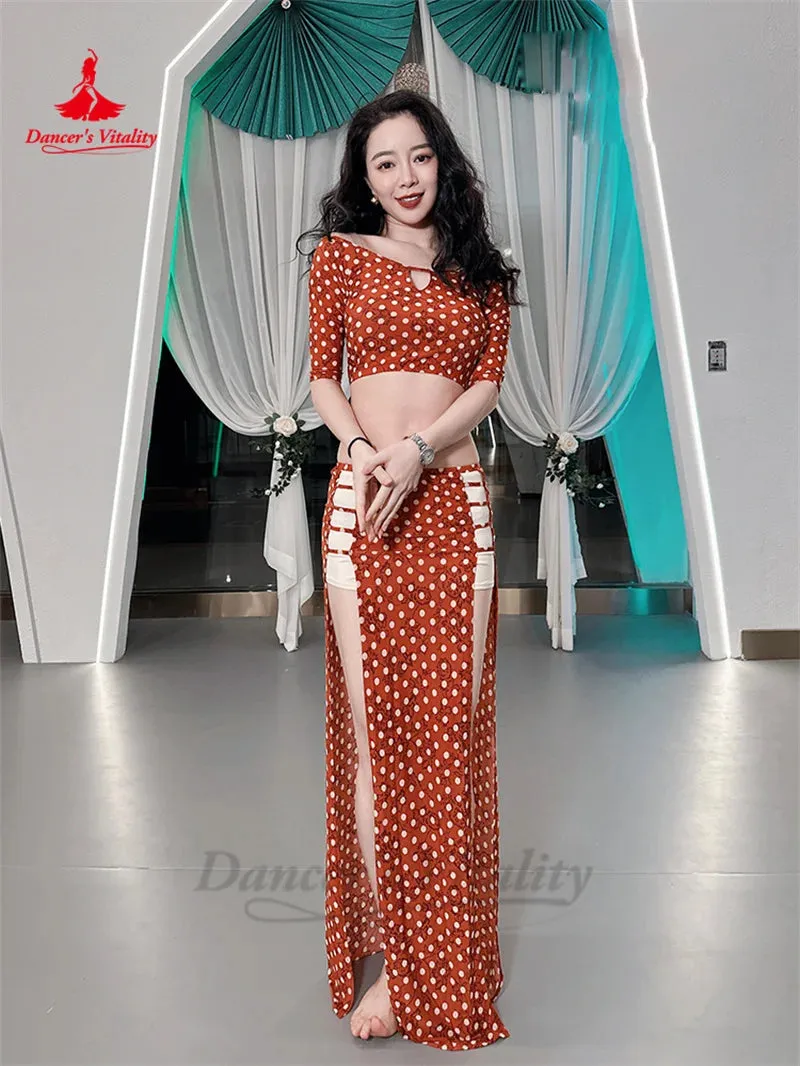 Belly Dance Suit for Women Short Sleeves Top split Long Skirt 2pcs Polka Dot Training Suit Adult Oriental Belly Dancing Outfit
