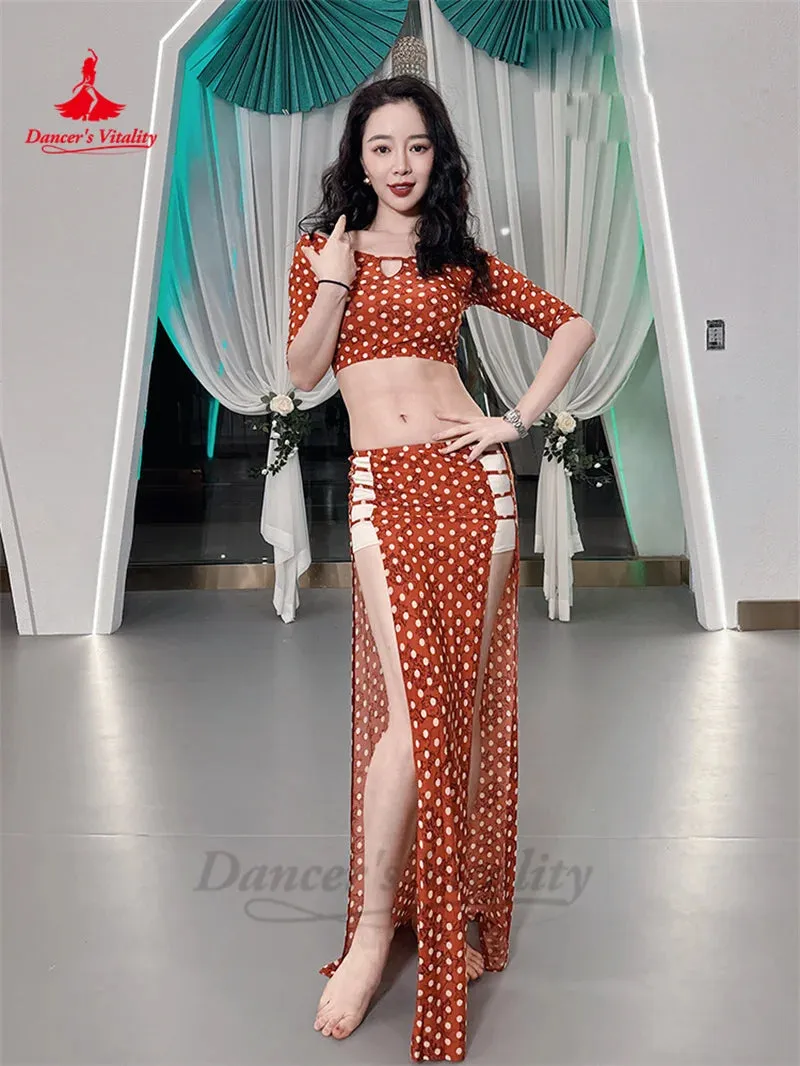 Belly Dance Suit for Women Short Sleeves Top split Long Skirt 2pcs Polka Dot Training Suit Adult Oriental Belly Dancing Outfit