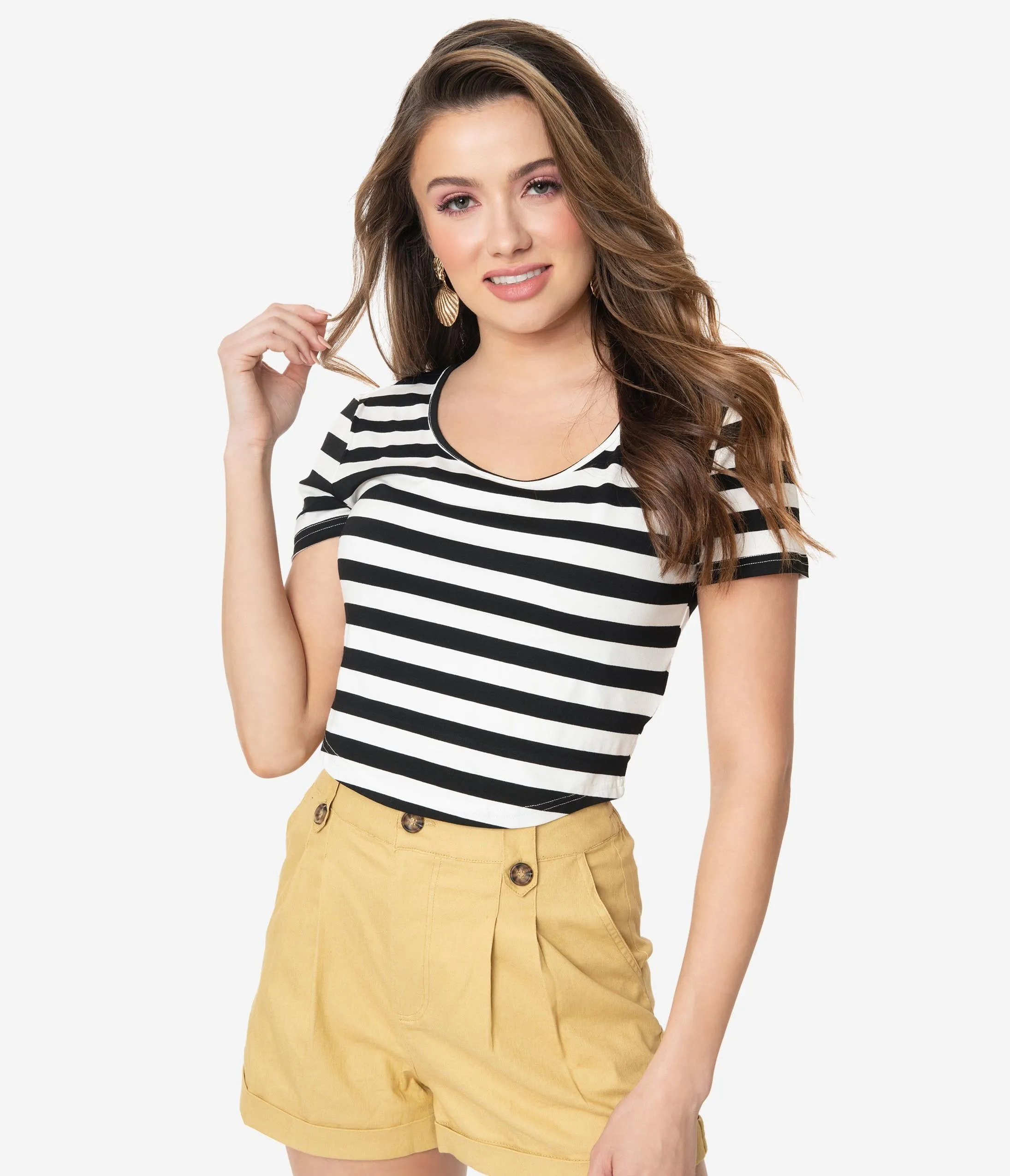Black & White Striped Short Sleeve Crop Top