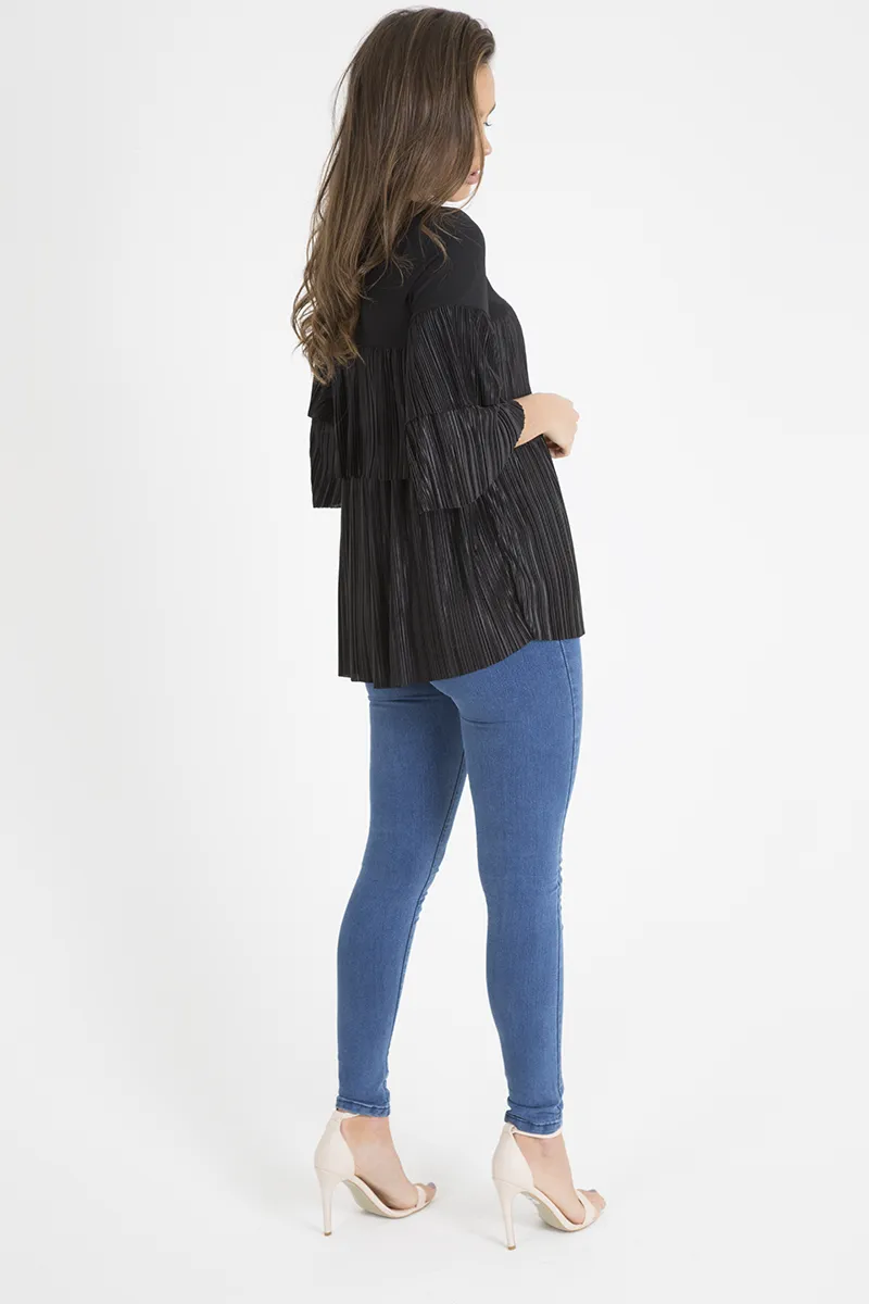 Black Pleated Layered Frill Oversized Top - Matilda