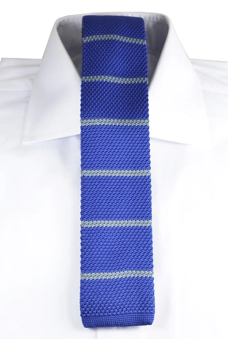Blue and Grey Striped Knit Tie by Paul Malone