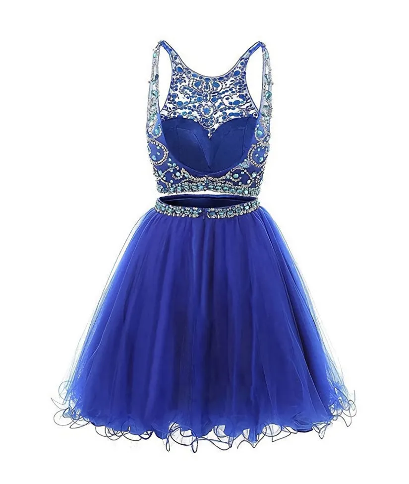 Blue two pieces tulle sequin beads short prom dress blue homecoming