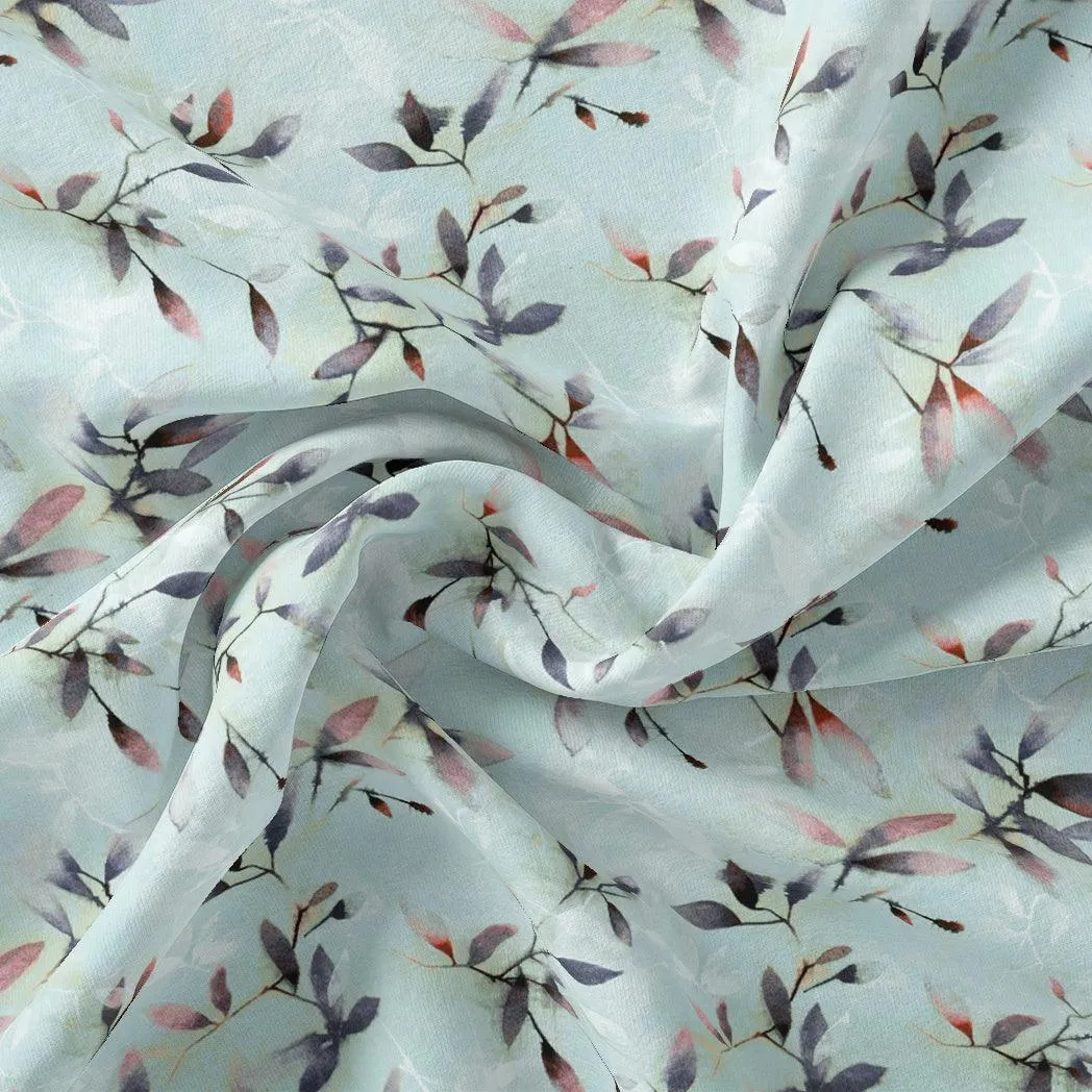 Bluish Thin And Light Leaves Digital Printed Fabric - Tusser Silk