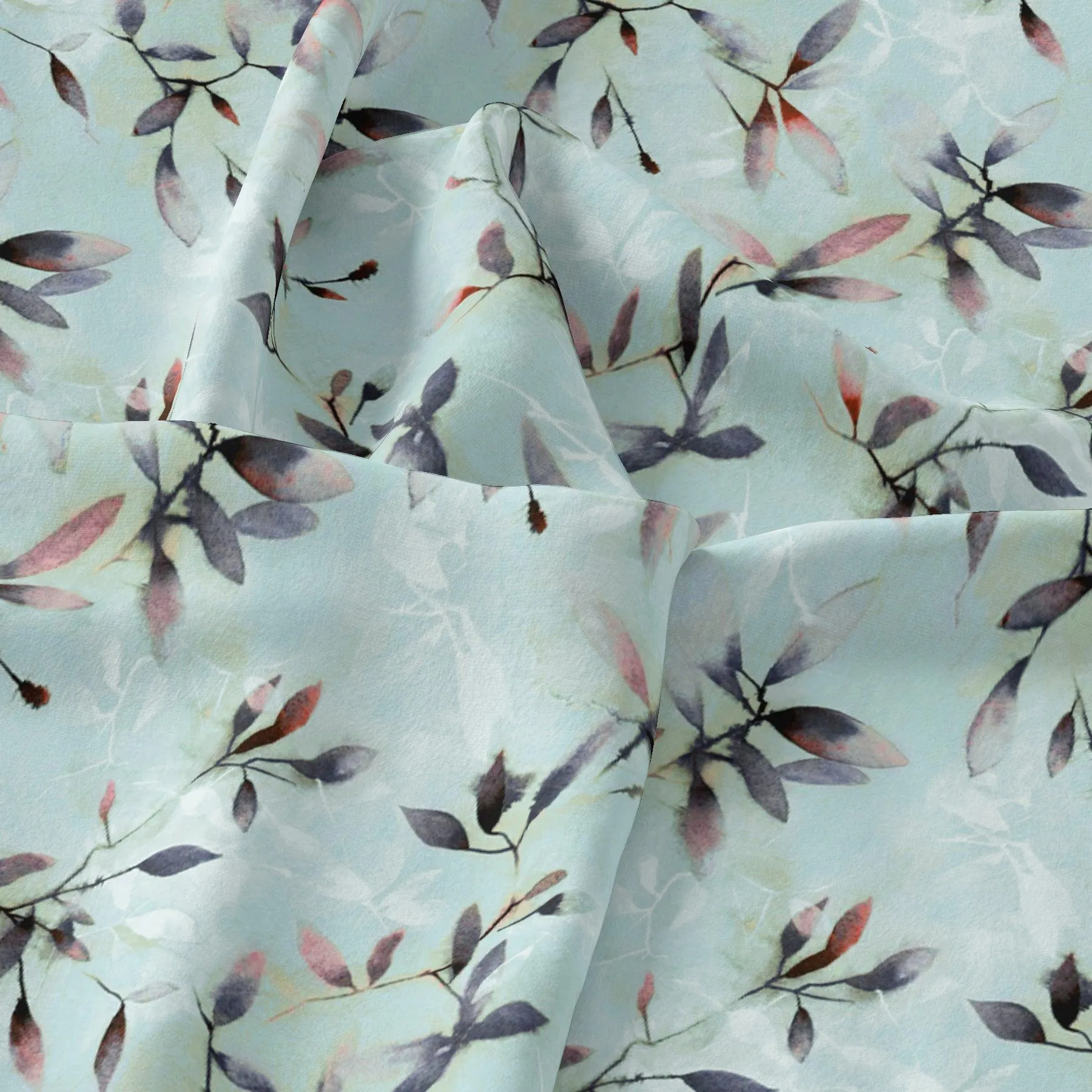 Bluish Thin And Light Leaves Digital Printed Fabric - Tusser Silk