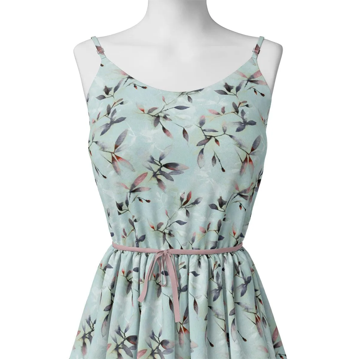 Bluish Thin And Light Leaves Digital Printed Fabric - Tusser Silk