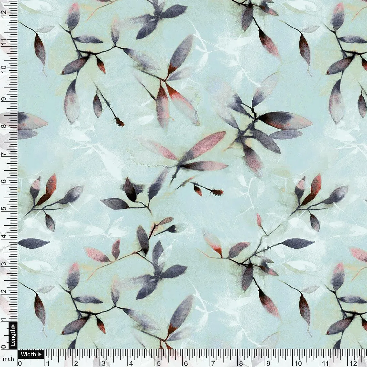 Bluish Thin And Light Leaves Digital Printed Fabric - Tusser Silk