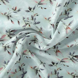 Bluish Thin And Light Leaves Digital Printed Fabric - Tusser Silk