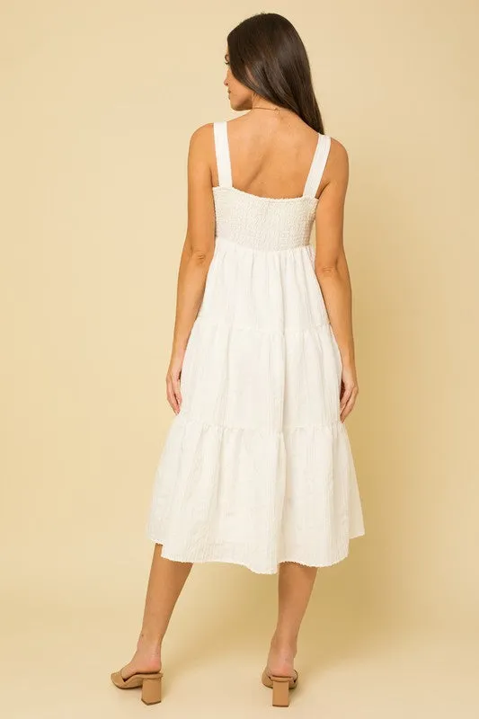 Bohemian Textured Striped Smocked Back Midi Dress