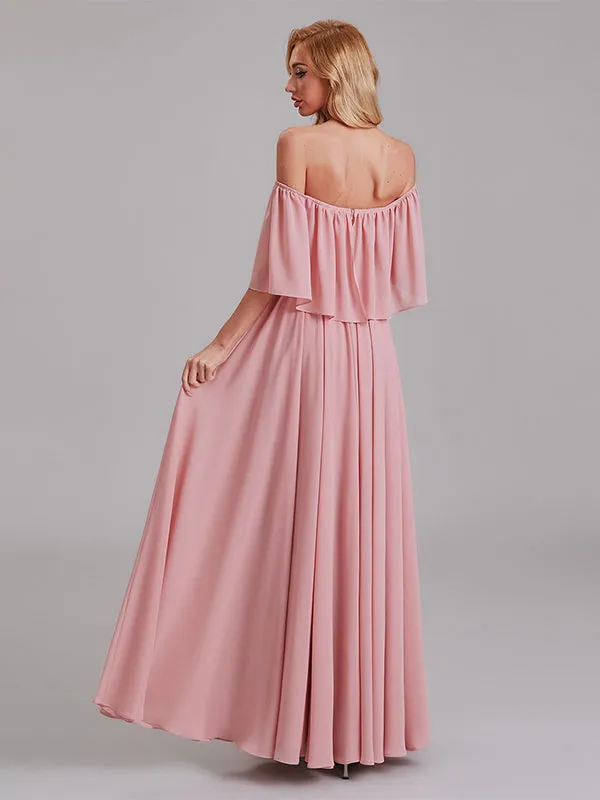 Charming A-Line Off Shoulder Pleated Chiffon Long Bridesmaid Dresses