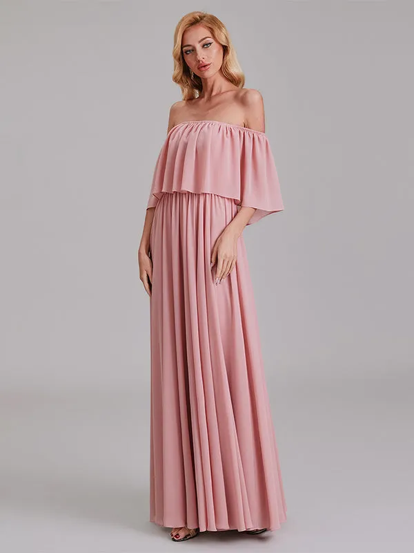 Charming A-Line Off Shoulder Pleated Chiffon Long Bridesmaid Dresses
