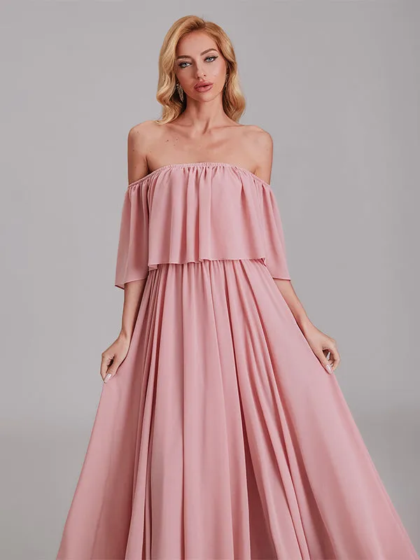 Charming A-Line Off Shoulder Pleated Chiffon Long Bridesmaid Dresses