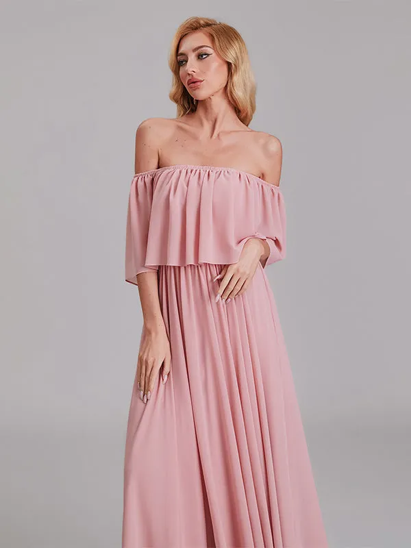 Charming A-Line Off Shoulder Pleated Chiffon Long Bridesmaid Dresses