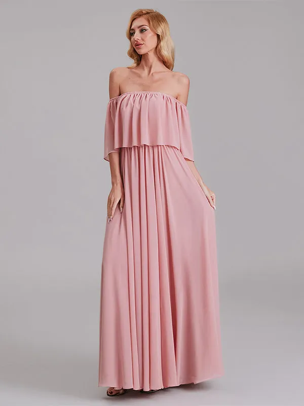 Charming A-Line Off Shoulder Pleated Chiffon Long Bridesmaid Dresses
