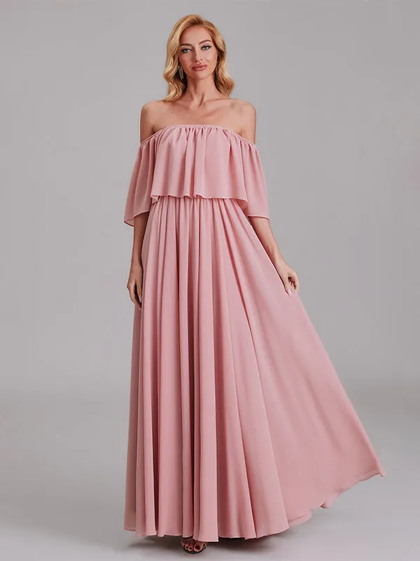 Charming A-Line Off Shoulder Pleated Chiffon Long Bridesmaid Dresses
