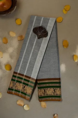 chettinad cotton saree - ash grey & gold peacocks