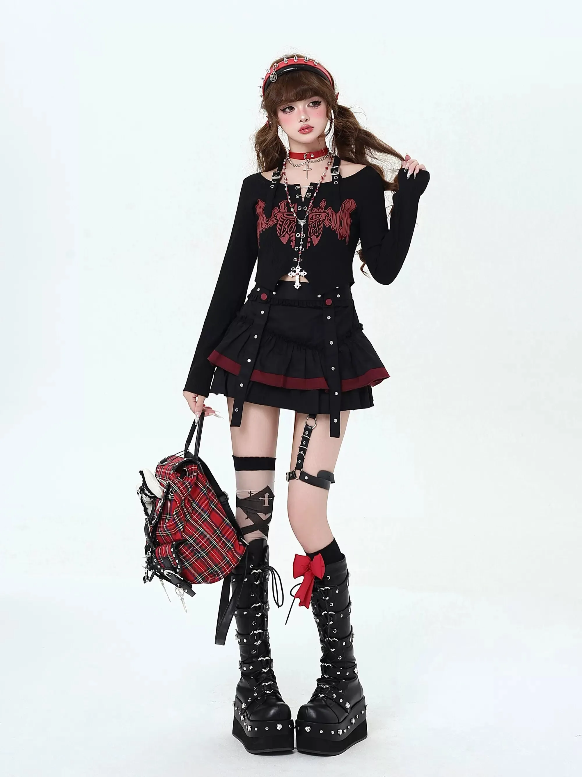 Crazy Girl Taotao Oolong 2.0 Black Red Ruffle Short Skirt