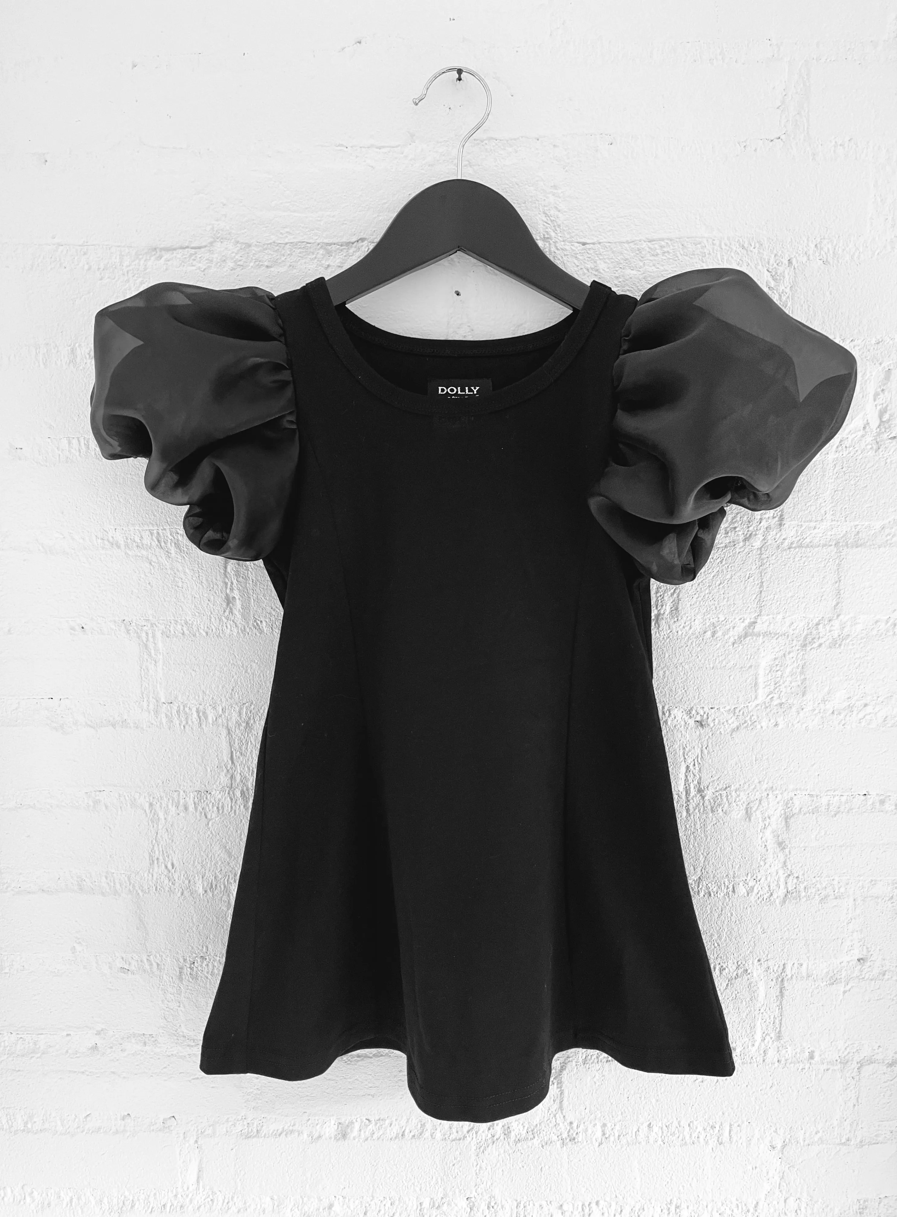 DOLLY WORLD SHORT PUFF SLEEVE ORGANZA DRESS WITH COTTON BODY black