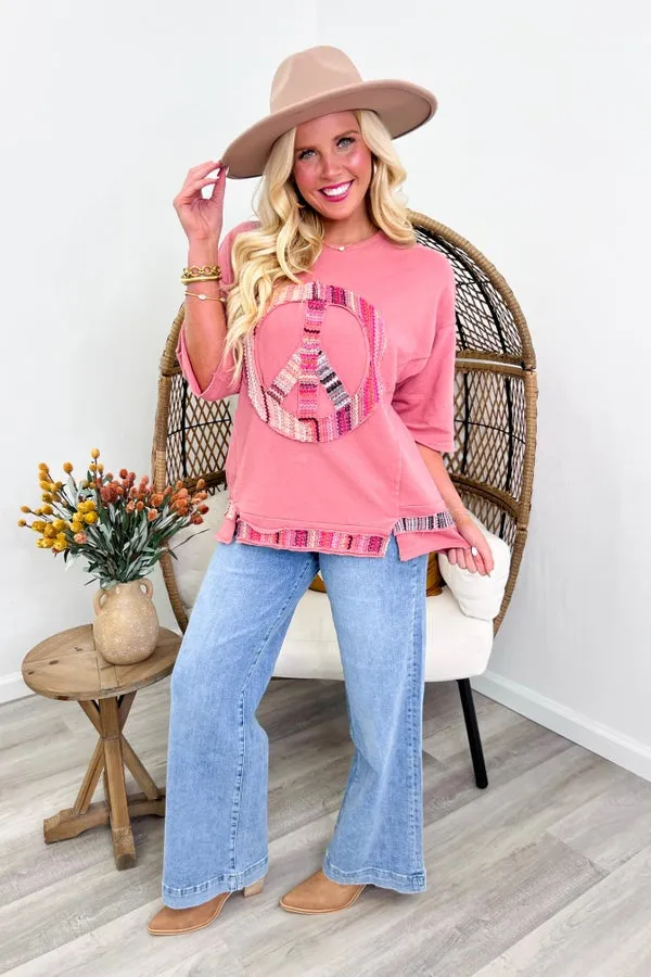 Dried Rose Distressed Peace Patch Top *Final Sale*