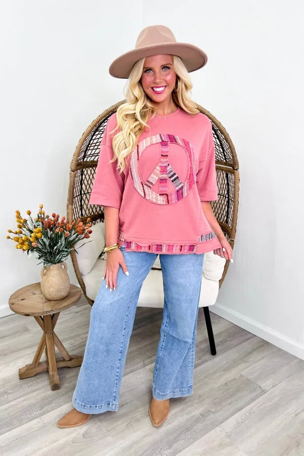 Dried Rose Distressed Peace Patch Top *Final Sale*