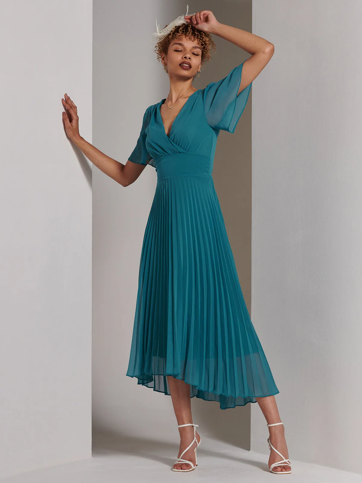 Elene Pleated High Low Chiffon Maxi Dress, Teal