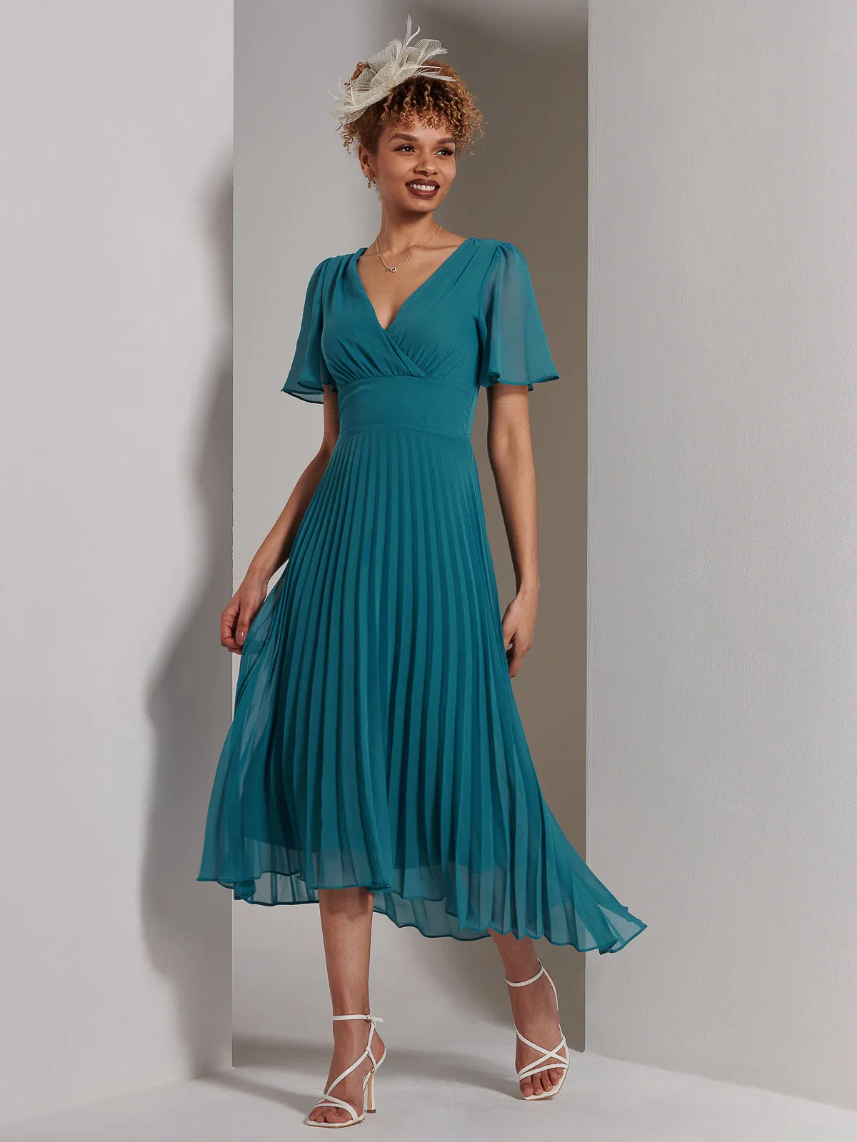 Elene Pleated High Low Chiffon Maxi Dress, Teal