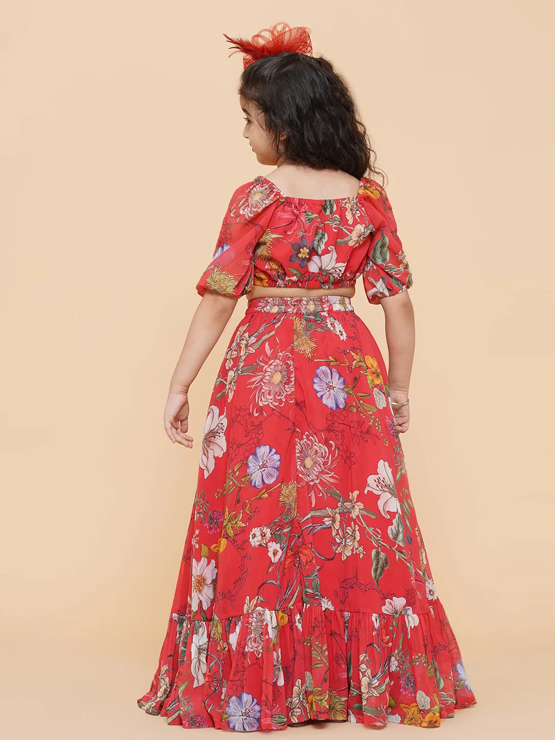 Girls Red Flower Digital Print Ready To Wear Lehenga Choli