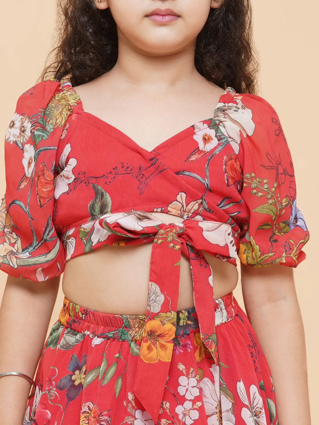 Girls Red Flower Digital Print Ready To Wear Lehenga Choli