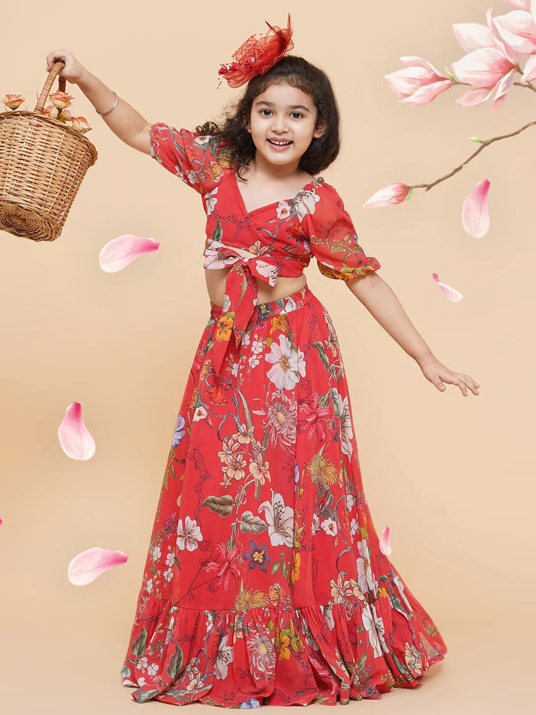 Girls Red Flower Digital Print Ready To Wear Lehenga Choli