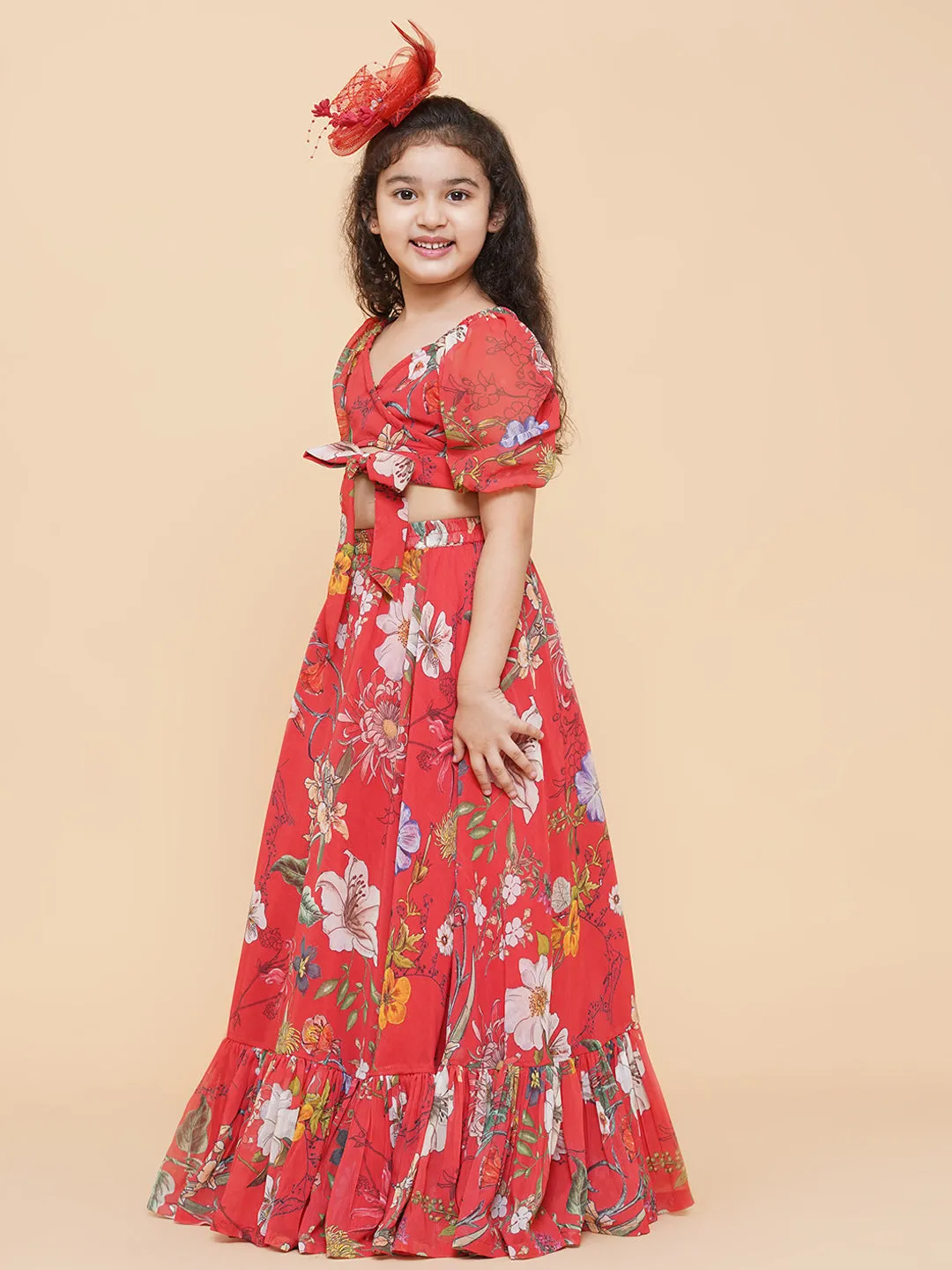 Girls Red Flower Digital Print Ready To Wear Lehenga Choli