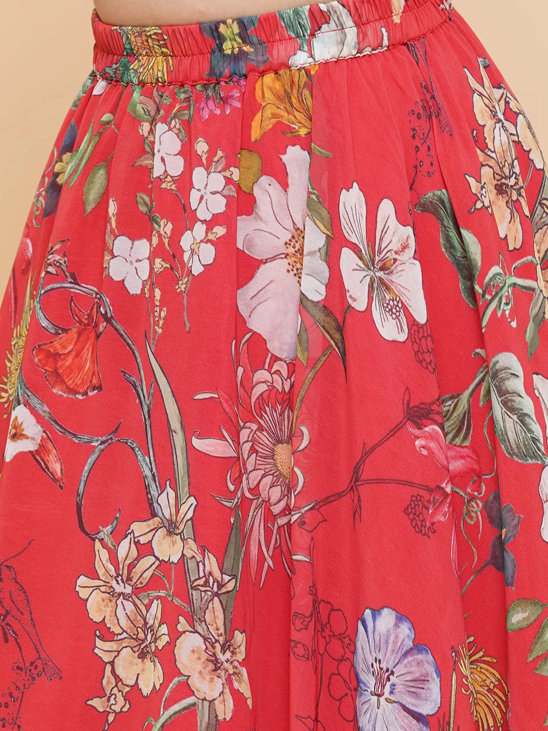 Girls Red Flower Digital Print Ready To Wear Lehenga Choli