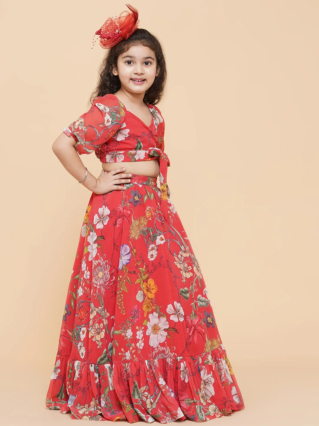Girls Red Flower Digital Print Ready To Wear Lehenga Choli