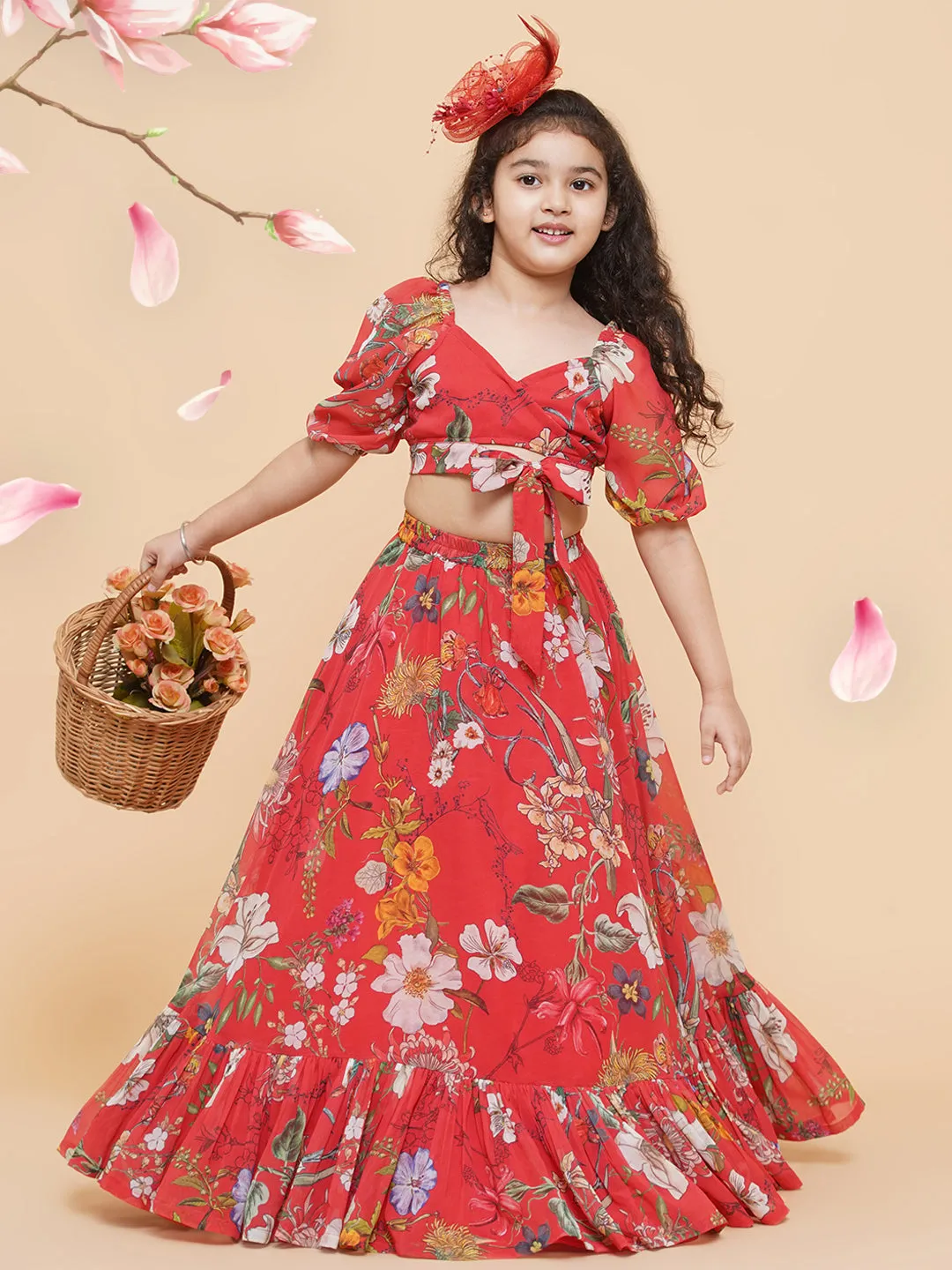 Girls Red Flower Digital Print Ready To Wear Lehenga Choli