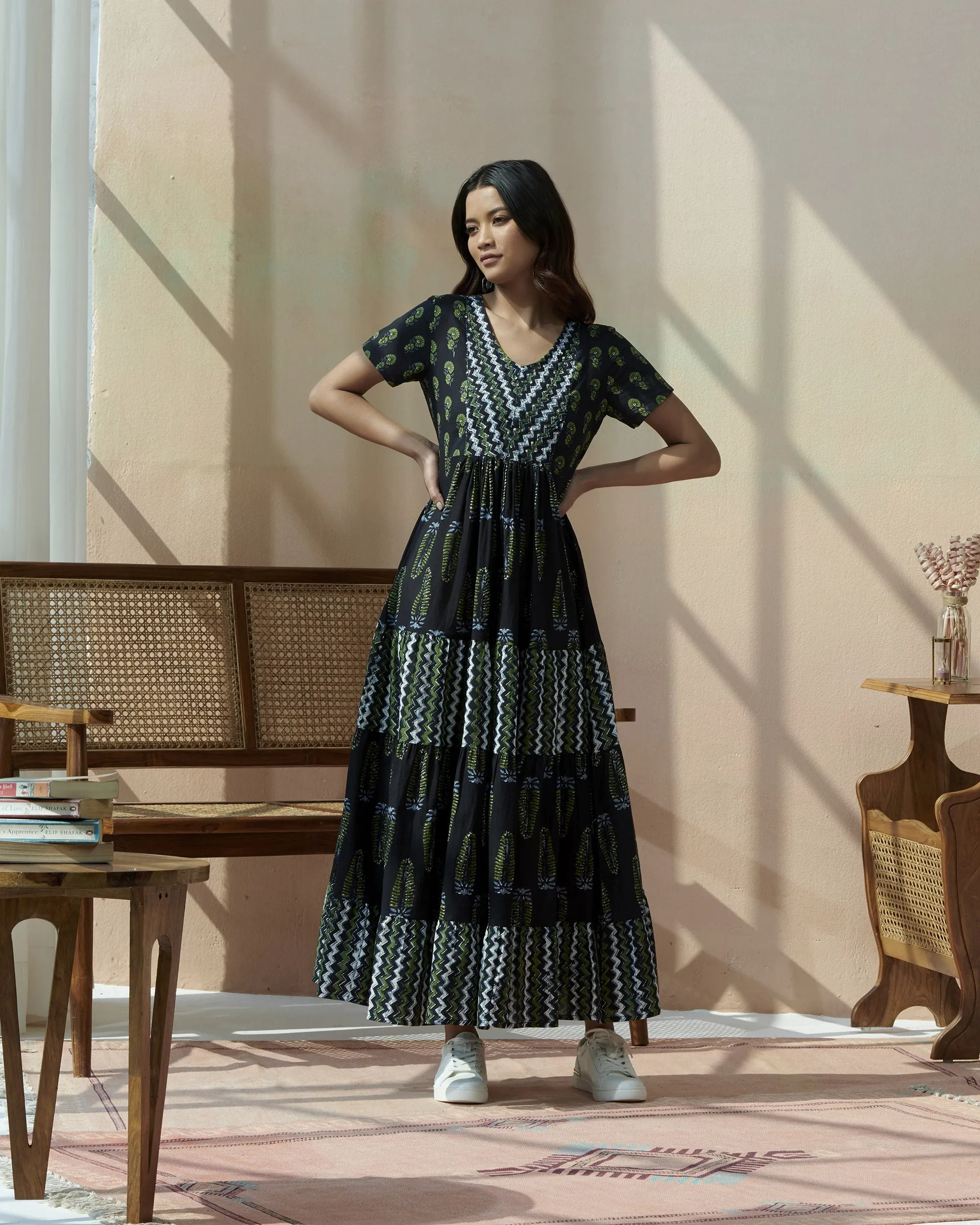 Hand Block Cotton Printed Tiered Dress