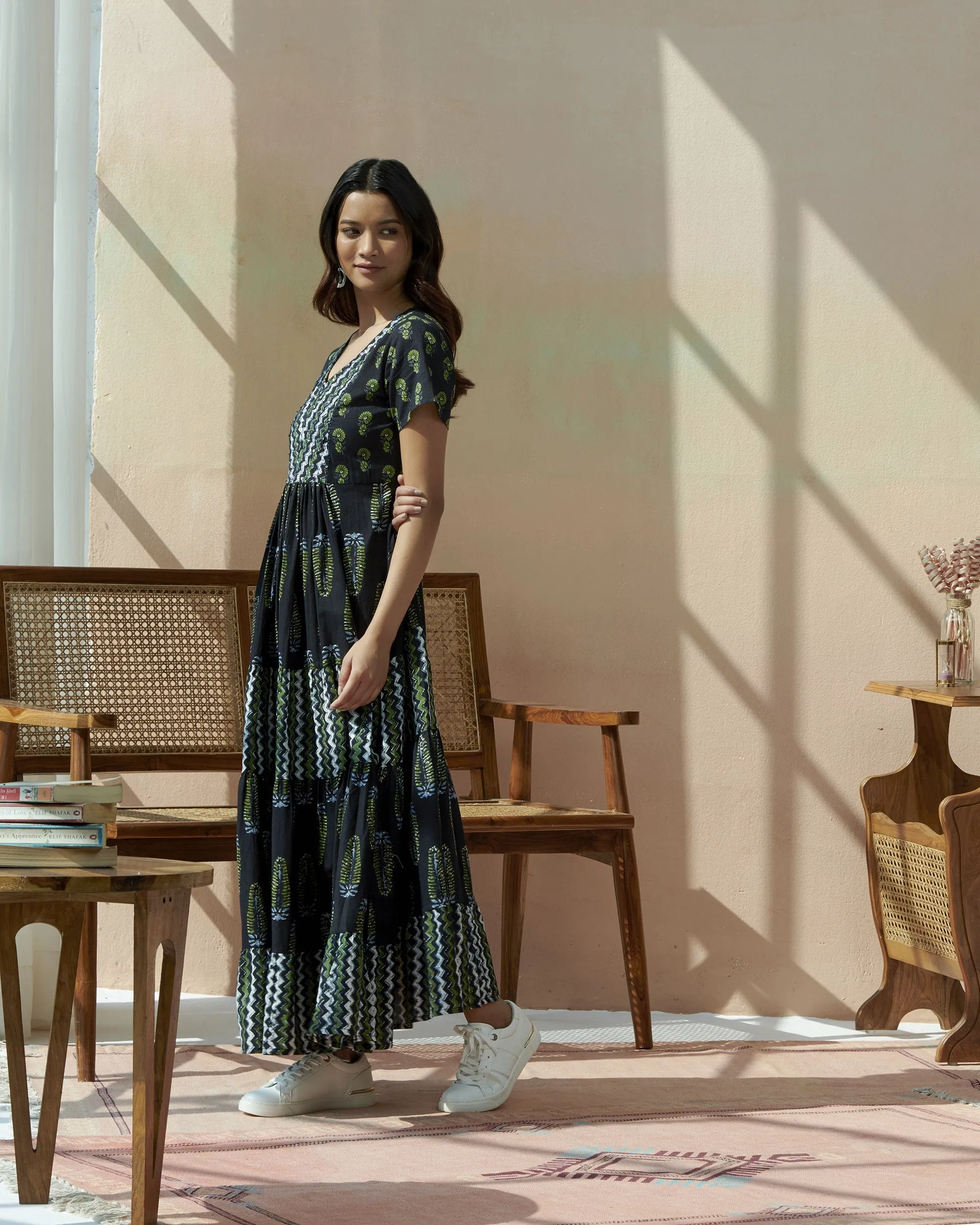 Hand Block Cotton Printed Tiered Dress