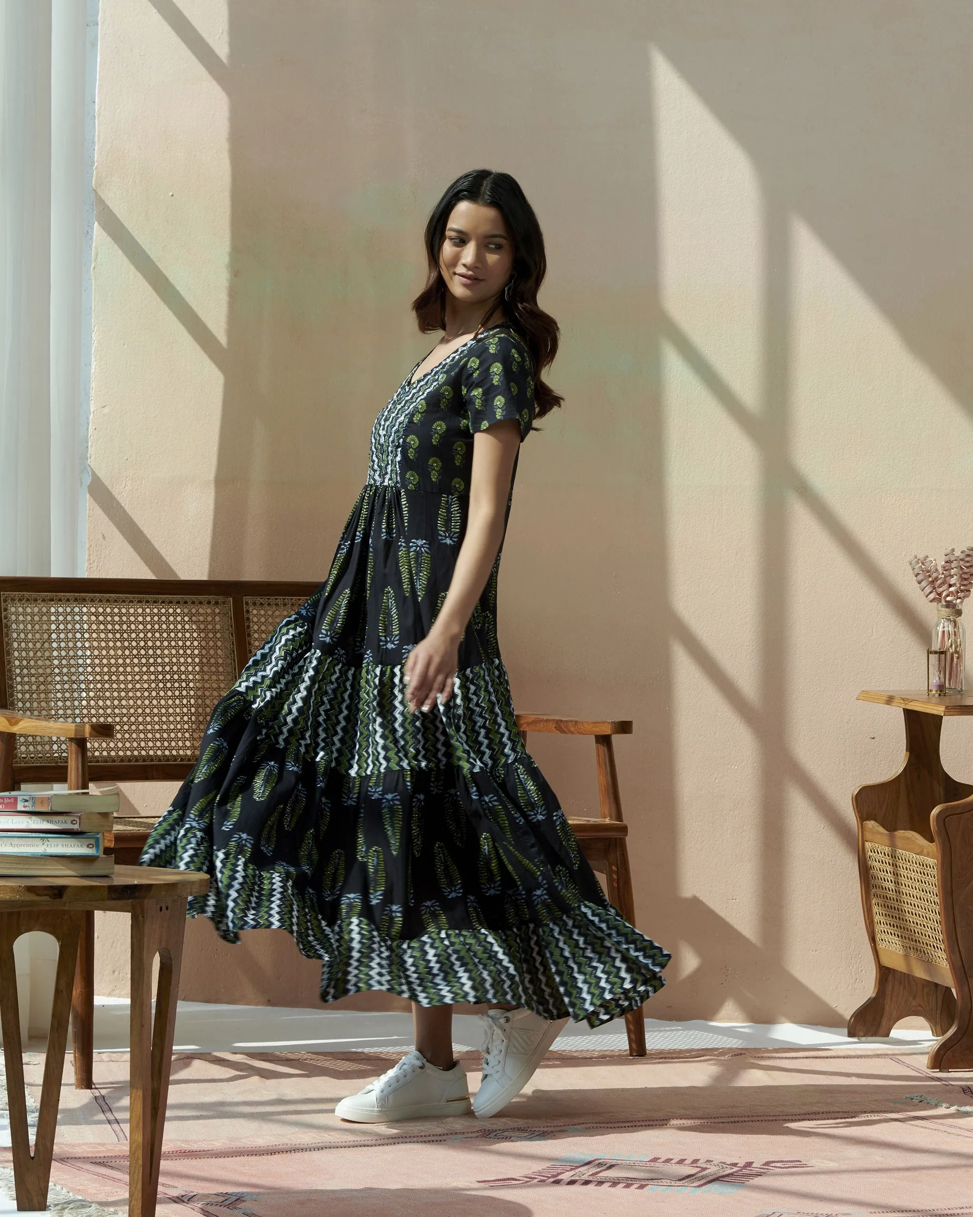 Hand Block Cotton Printed Tiered Dress