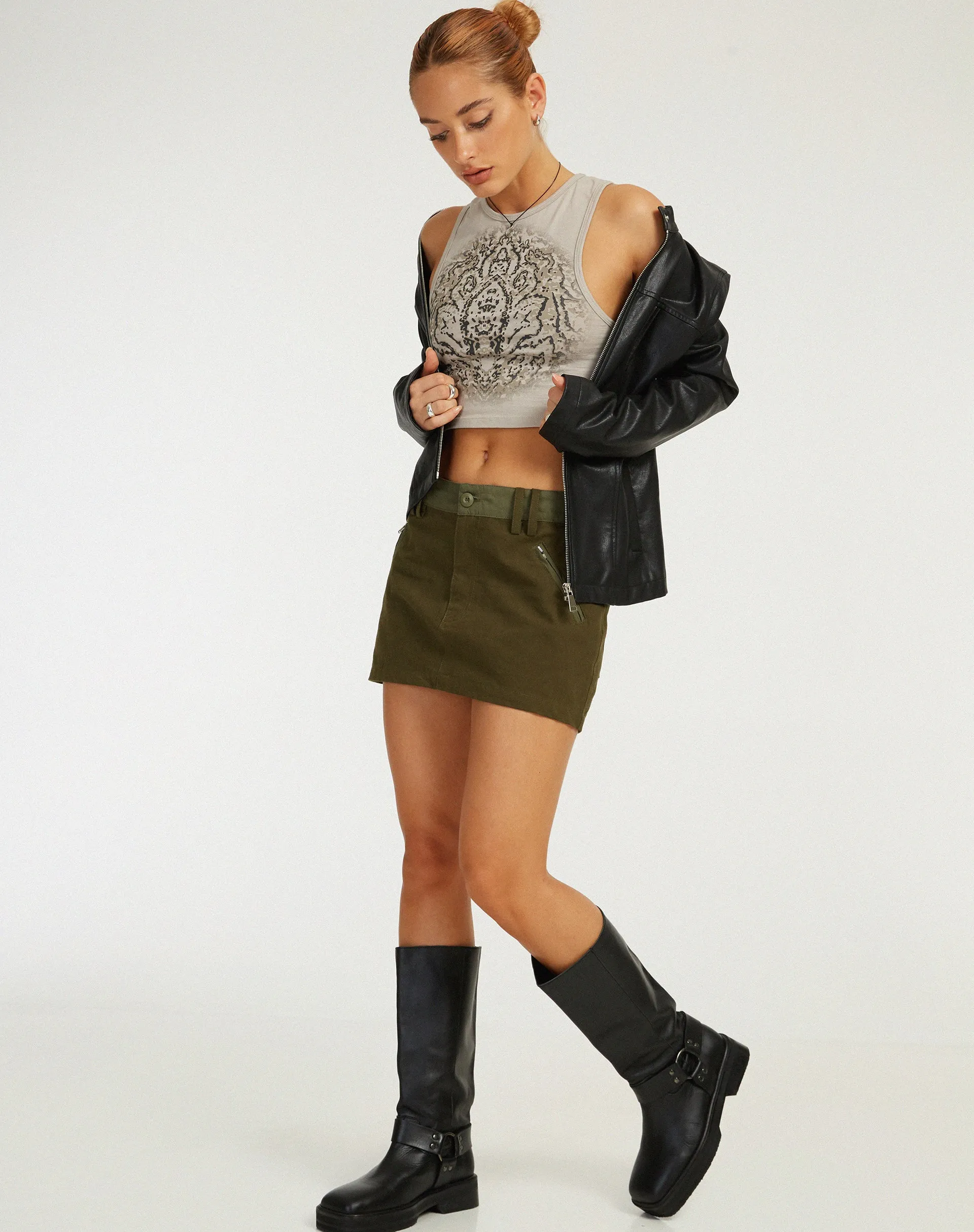 Ivette Mini Skirt in Dark Olive Khaki