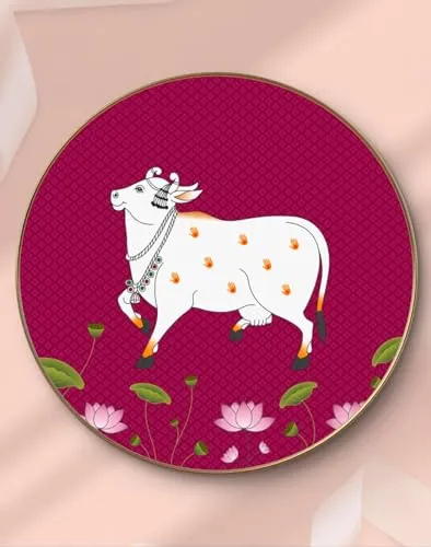 Livin'luxe paintings Beautiful Cow Pichwai Crystal Embedded High Gloss Mirror Finished Surface Golden Slim Frame 58 cm x 58 cm Large Size, For Home/Office/Hotel painting GR-01